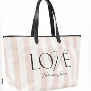 TWO NWT Victoria’s Secret Tote Bags - white / pink stripes w big “LOVE” text 💗